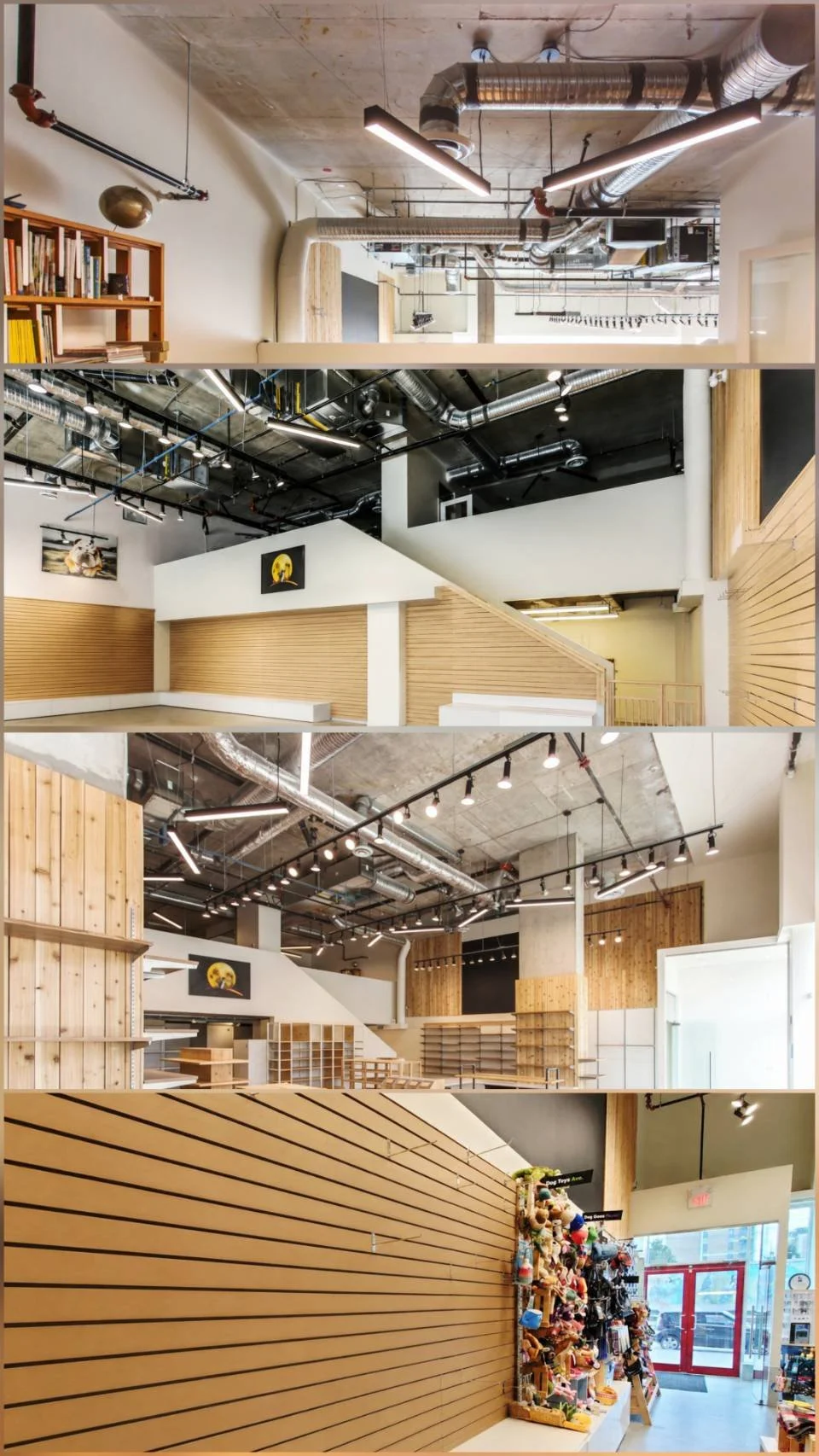 Interior of a modern, industrial-style store with exposed ductwork, wooden accents, and shelves filled with toys and books.