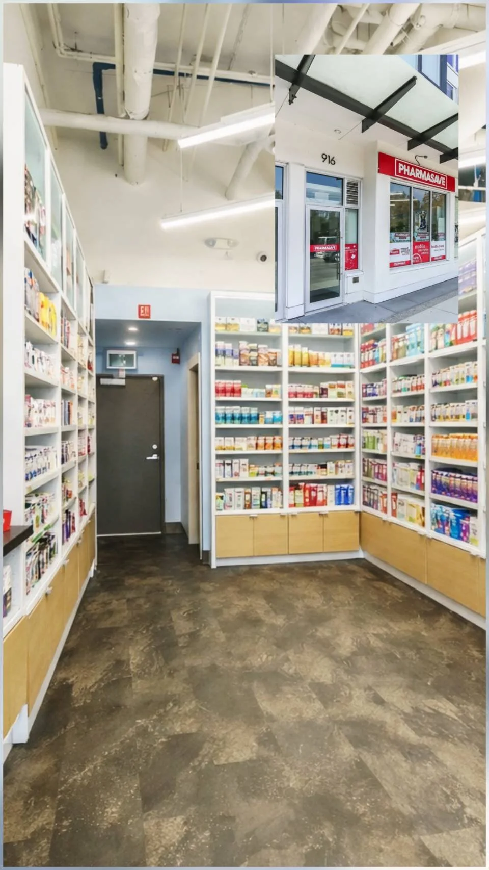 Interior view of a pharmacy with shelves stocked with various medicines and products, a closed gray door, and ceiling with exposed pipes and lighting fixtures. Inset photo shows the pharmacy's storefront with red and white signage labeled 'PHARMASAVE'.
