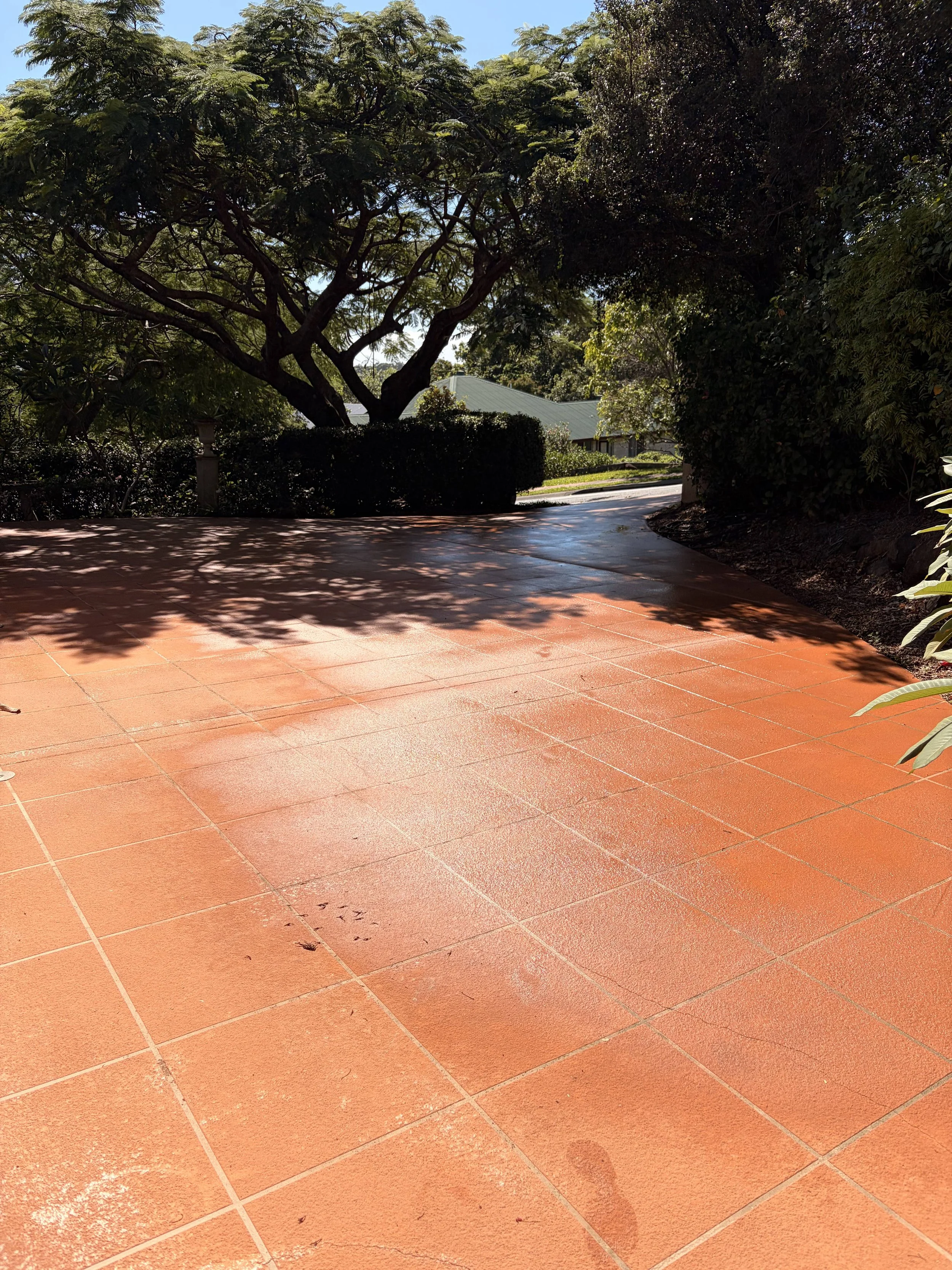 A backyard patio with reddish-brown tiles, surrounded by bushes and large trees providing shade, with a house visible in the background under a clear blue sky.