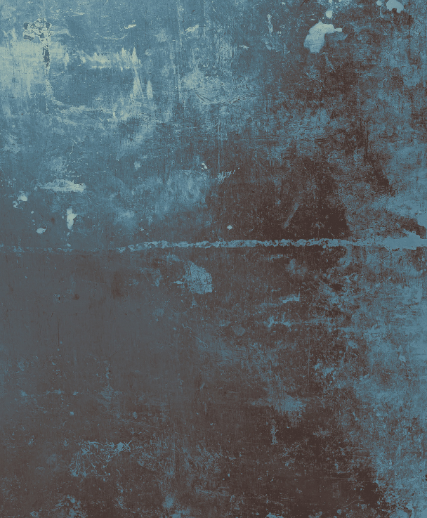 Close-up of a weathered, textured wall with peeling blue paint and patches of exposed surface.
