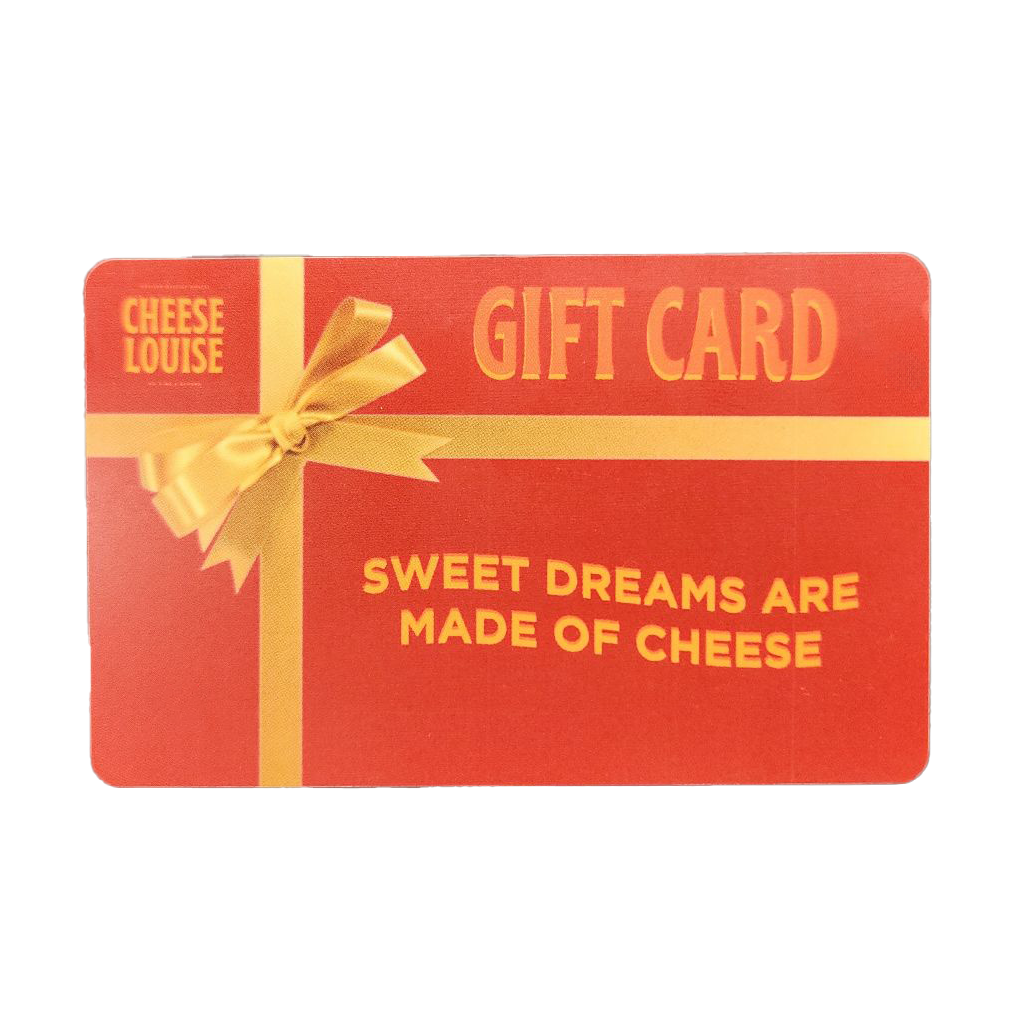 Gift card with red and yellow design, a ribbon and bow, text reading 'Cheese Louise Gift Card', and the phrase 'Sweet dreams are made of cheese'.