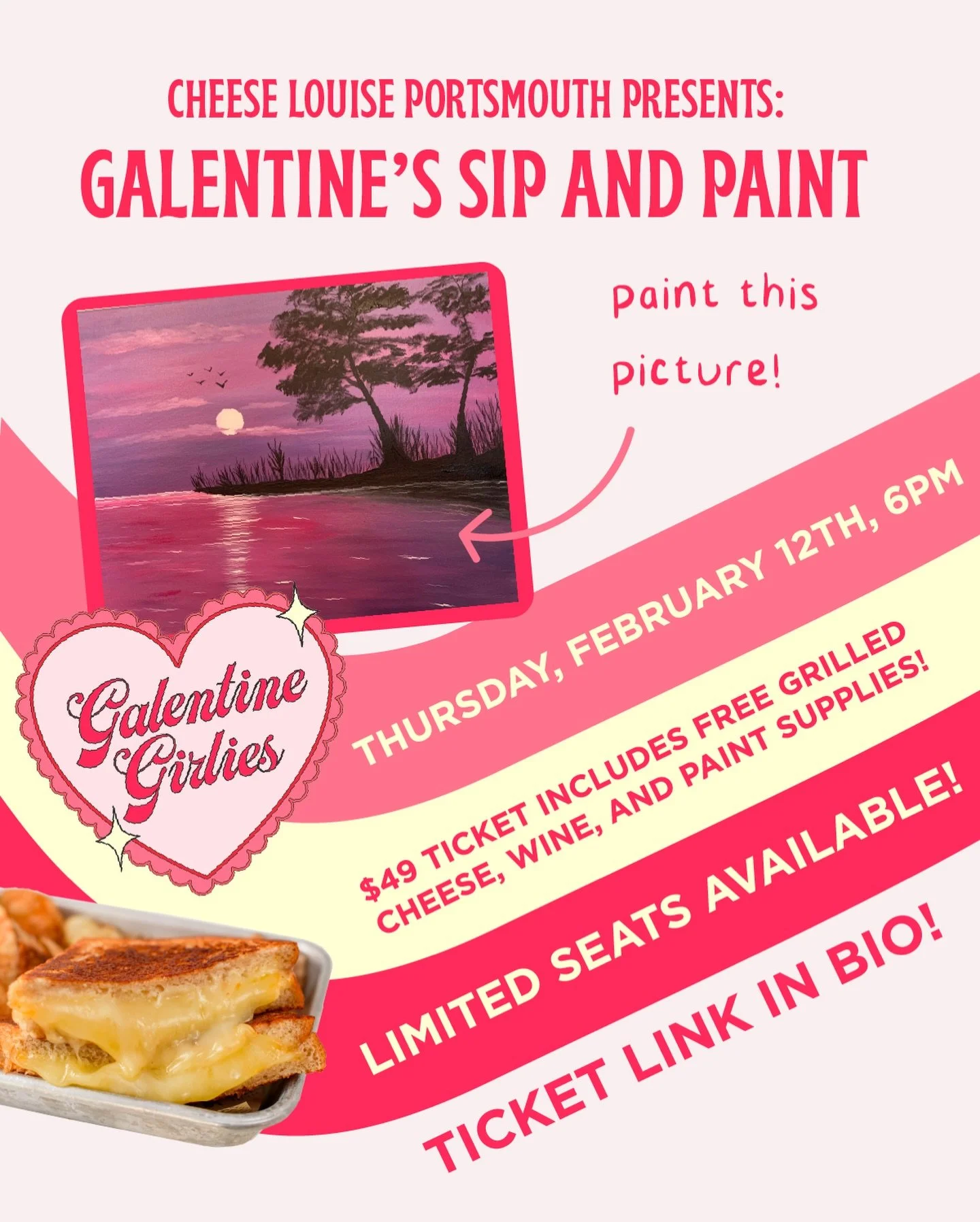 grab your gal pal and come celebrate galentine&rsquo;s with us! 👯&zwj;♀️💖

join us for an instructed sip-and-paint event with complimentary grilled cheese and wine on thursday, february 12th at our portsmouth location 🍷🎨 tickets available on even