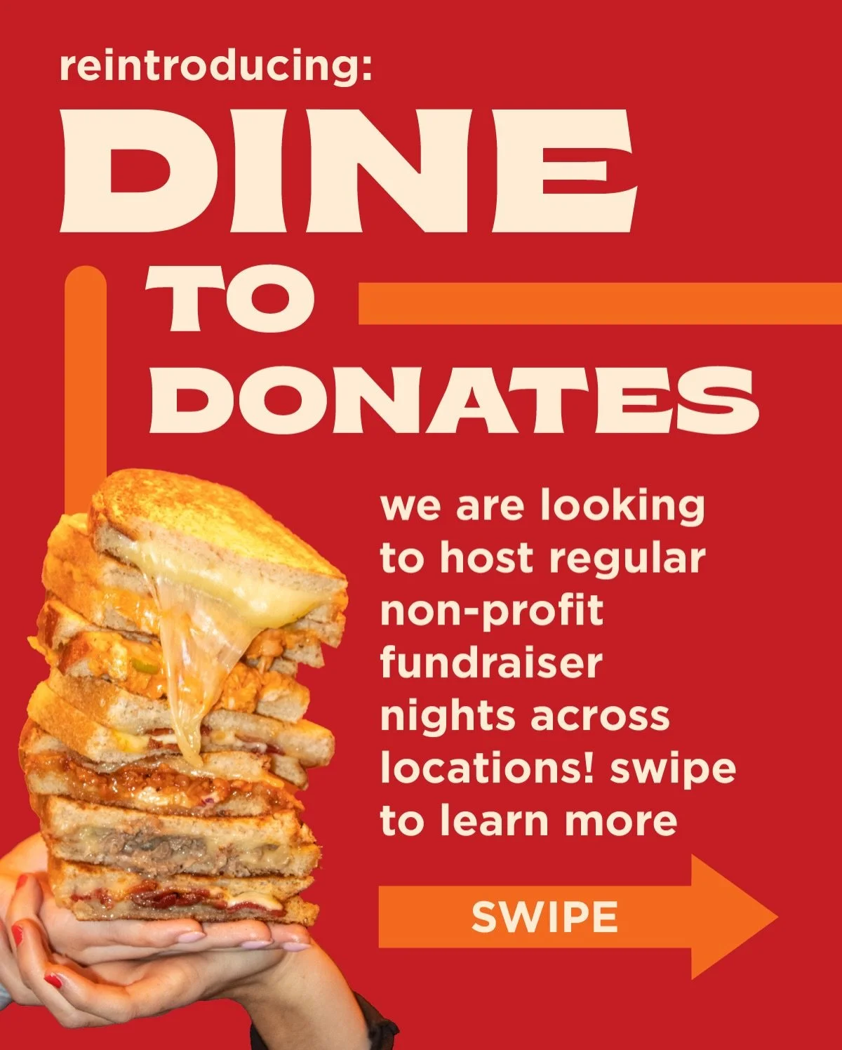 🌟 DINE TO DONATE FUNDRAISER NIGHTS 🌟

our Dine to Donate program is an extension of our Cheesin&rsquo; for a Reason Philanthropy program. this extension exists to give a platform to any group that empowers our communities! if you know of an organiz