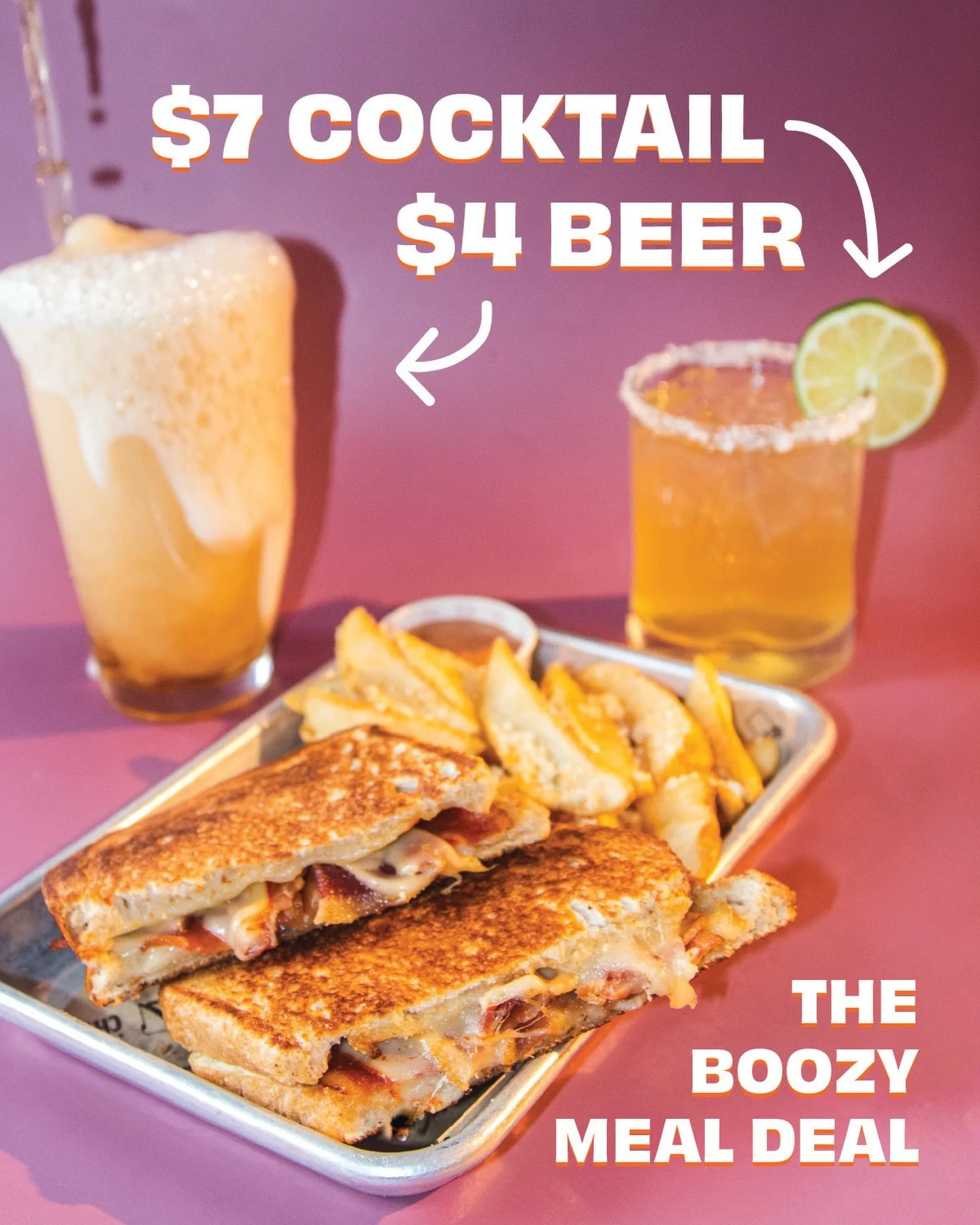 if you haven&rsquo;t heard the news, it&rsquo;s a $7 cocktail and a $4 beer when you get the boozy meal deal at Cheese Louise 😝🍻