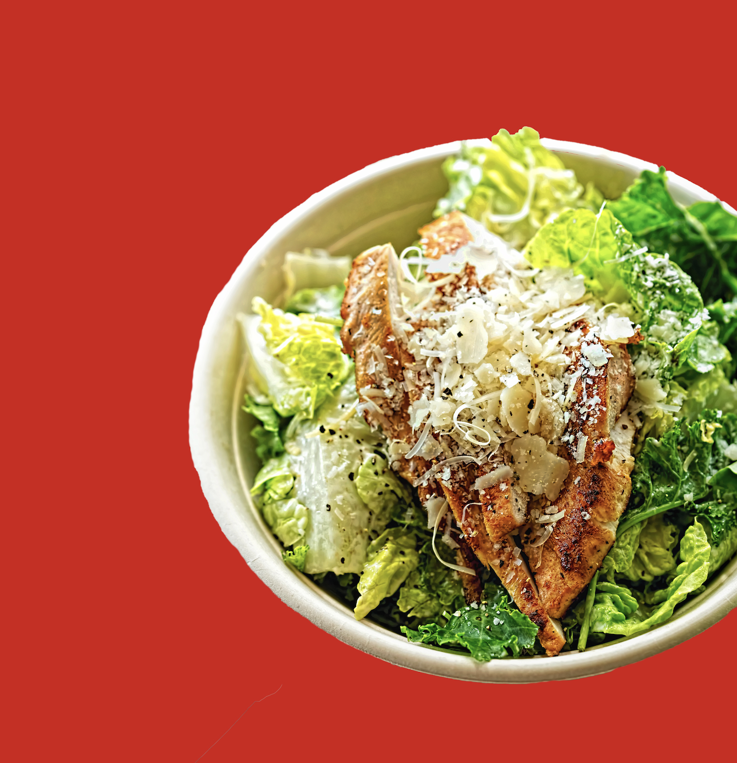 Salad with grilled chicken, shredded cheese, and mixed greens in a bowl on a red background.