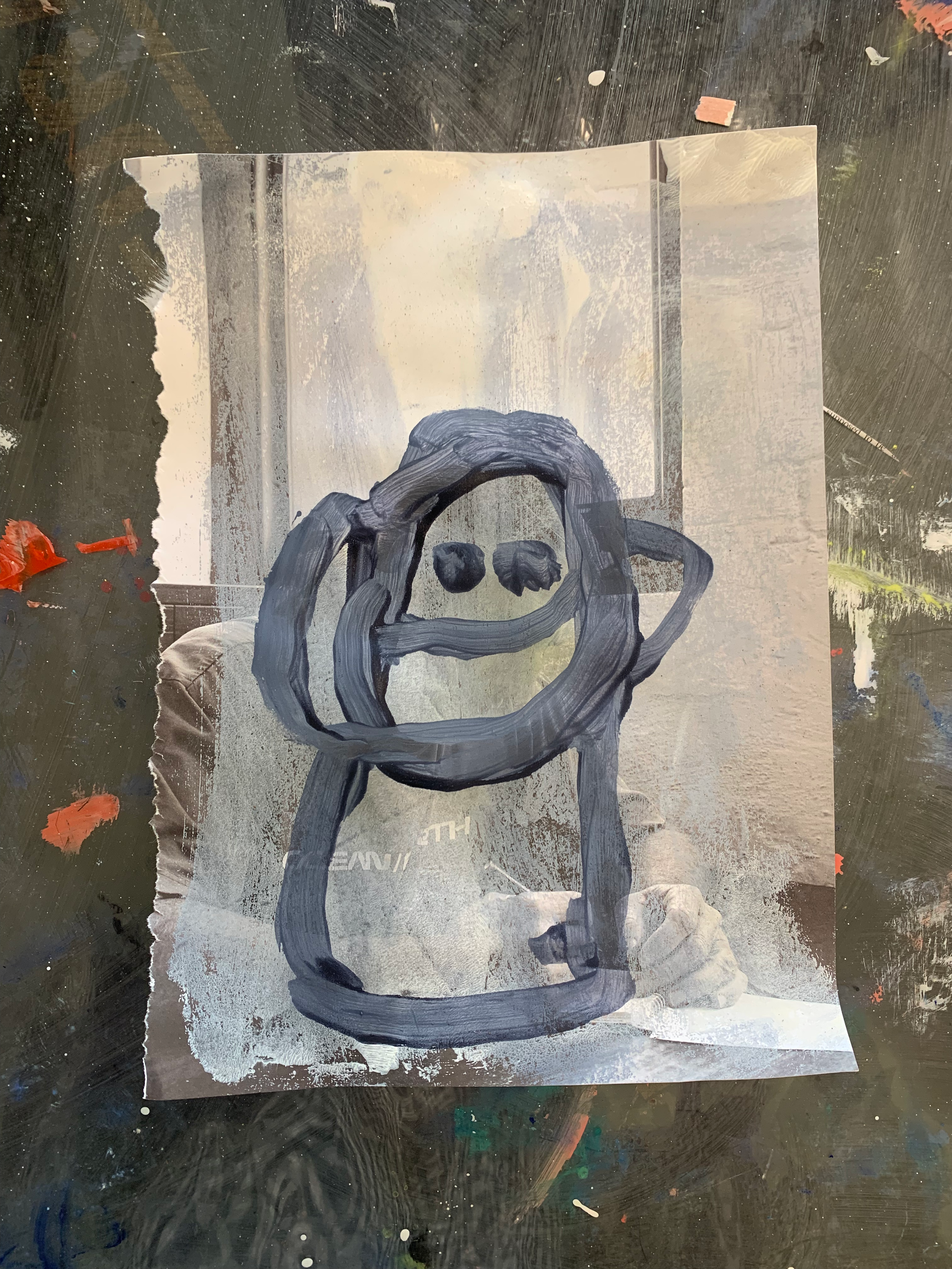 A photograph of Tim Winton has been whitewashed and a simple smiling blue figure has been painted over the top in smooth blue lines