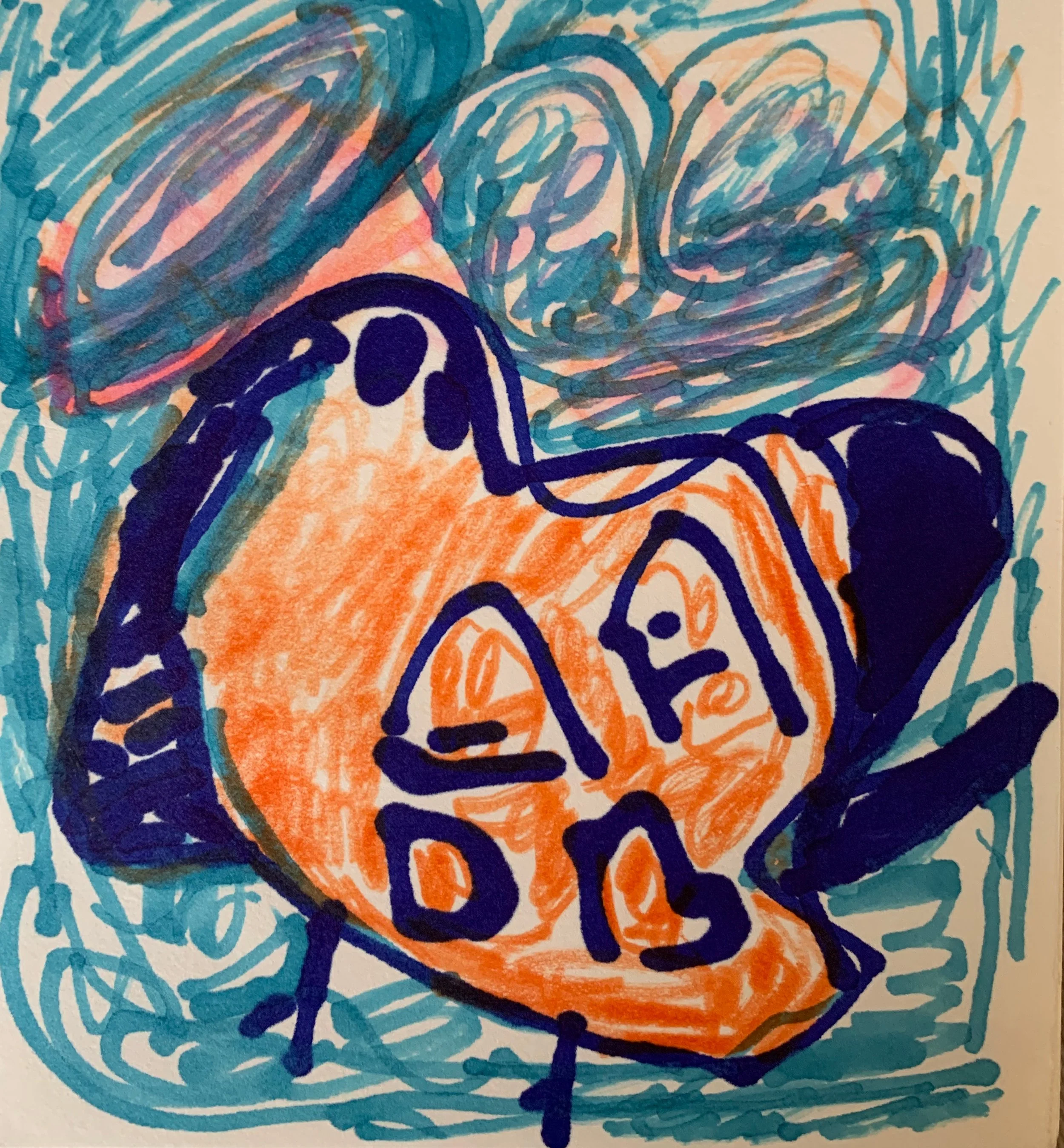A stylised bird drawn in inky blue marker and coloured in with orange. Swirling blue and pink lines surround the bird.