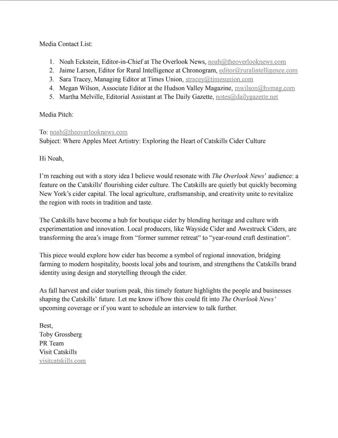 Email Pitch with Media Contact List