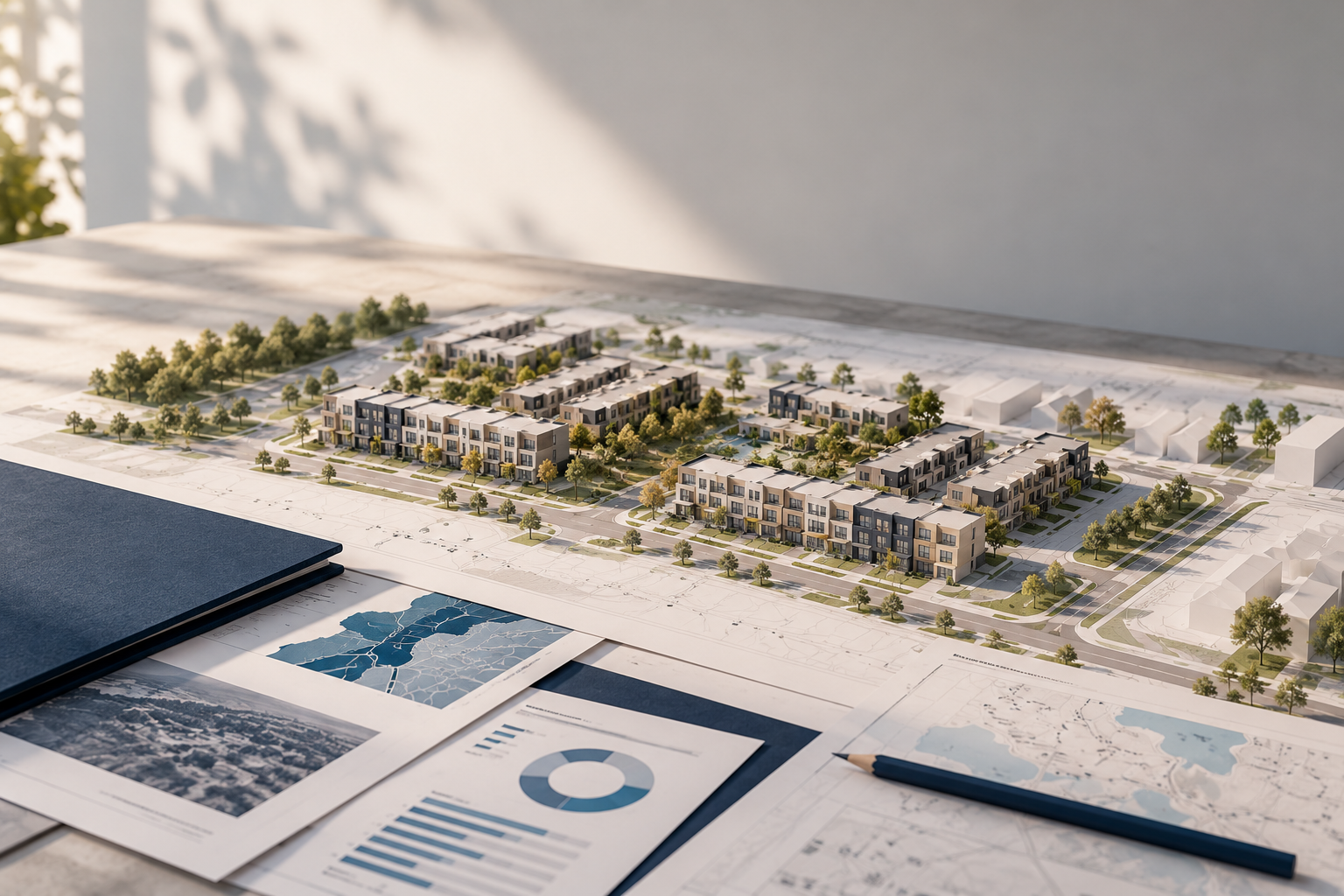 Architectural scale model of a planned residential neighborhood surrounded by urban planning maps, charts, and blueprints