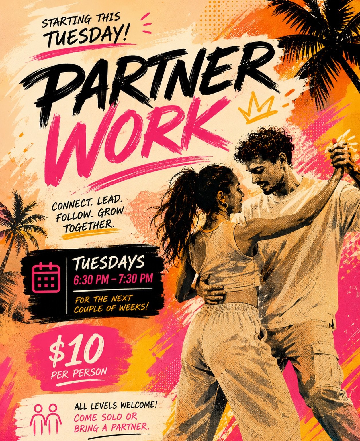 💃 Partner Work Tuesdays! 🕺

Looking for a fun way to move, meet new people and learn something new? Come join us for a high-energy partner dance class!

📅 Tuesdays
🕡 6:30 PM &ndash; 7:30 PM
📍336 Huskisson Road, Huskisson
💰 $10 per person

No pa