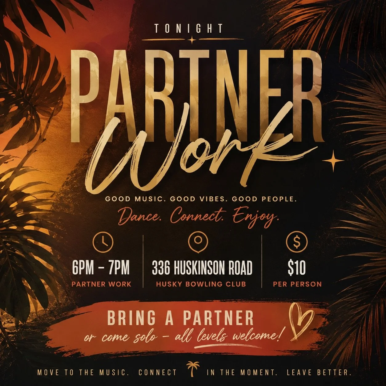 Ready to move? 💃🕺

Join us tonight for Partner Work at Husky Bowling Club!

Whether you bring a partner or come on your own, everyone rotates throughout the class, so you&rsquo;ll always have someone to dance with. No experience needed&mdash;just c