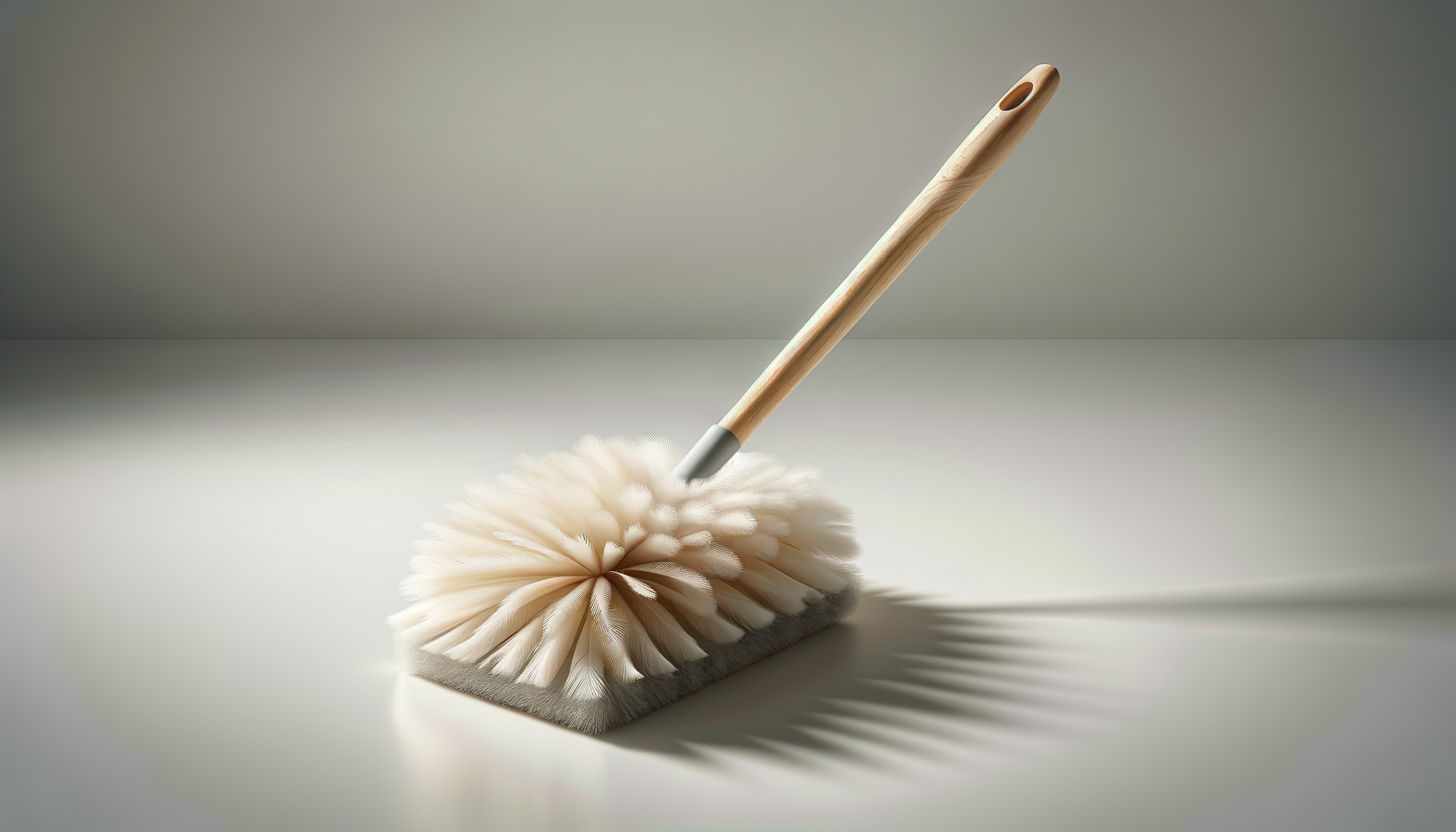 Cleaning brush with a long wooden handle and soft bristles on a flat surface, with sunlight casting a shadow.