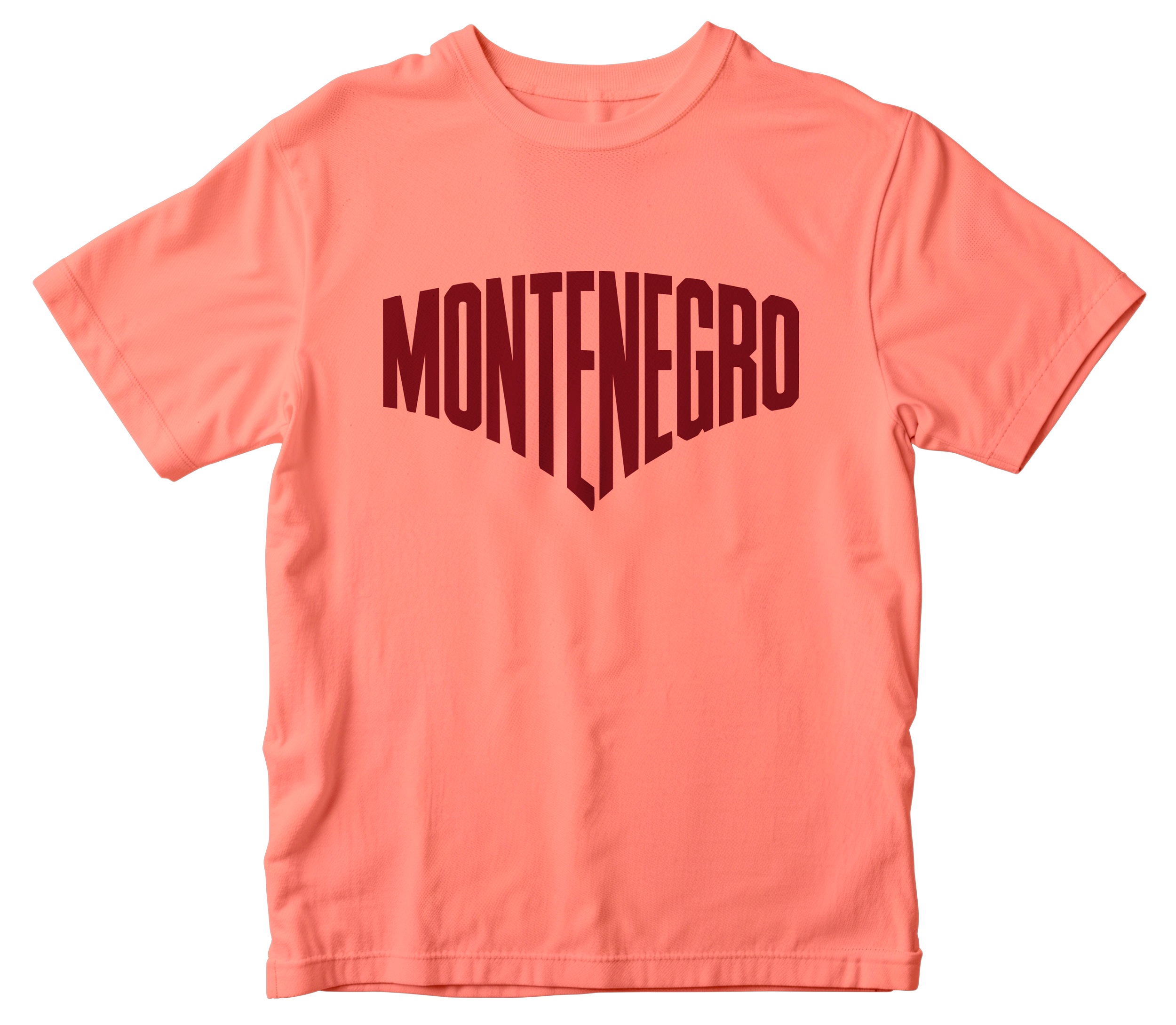 Pink T-shirt with the word MONTENEGRO in bold dark red letters on the front.