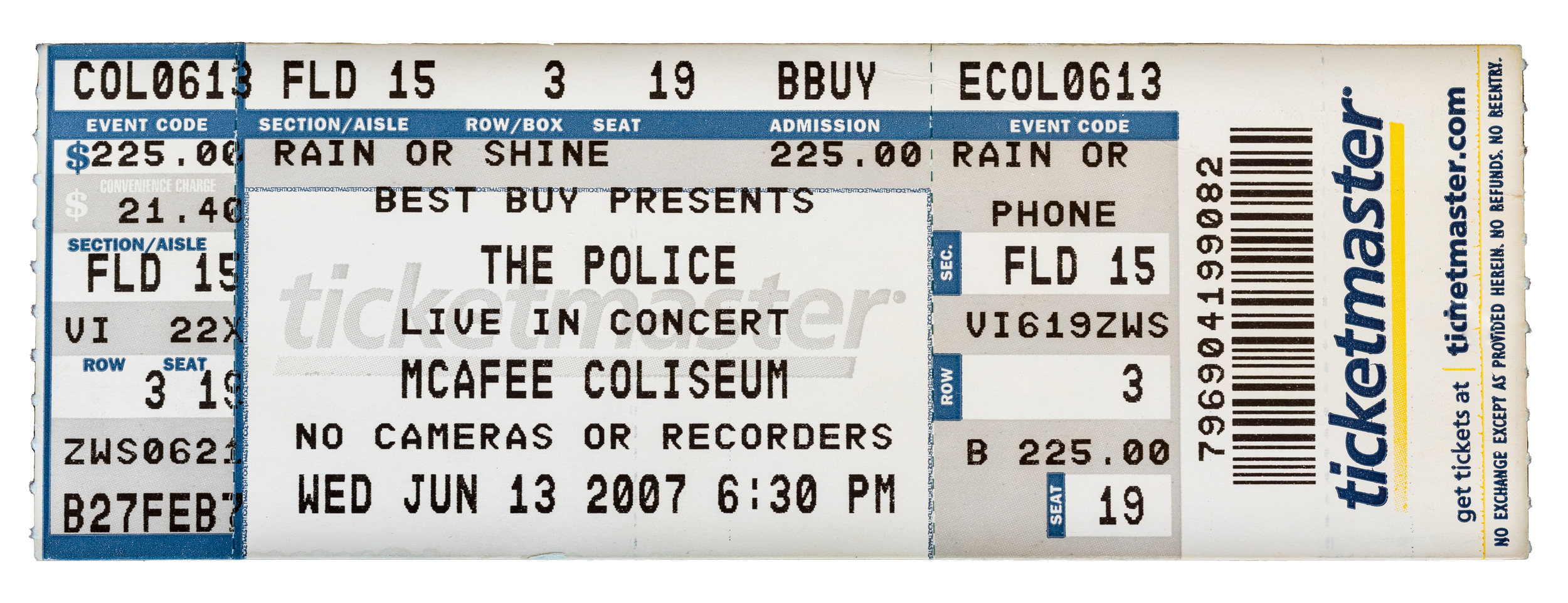 Concert ticket for The Police live at McAfee Coliseum, June 13, 2007, 6:30 PM, section FLD 15, row 3, seat 19, priced at $225.00.