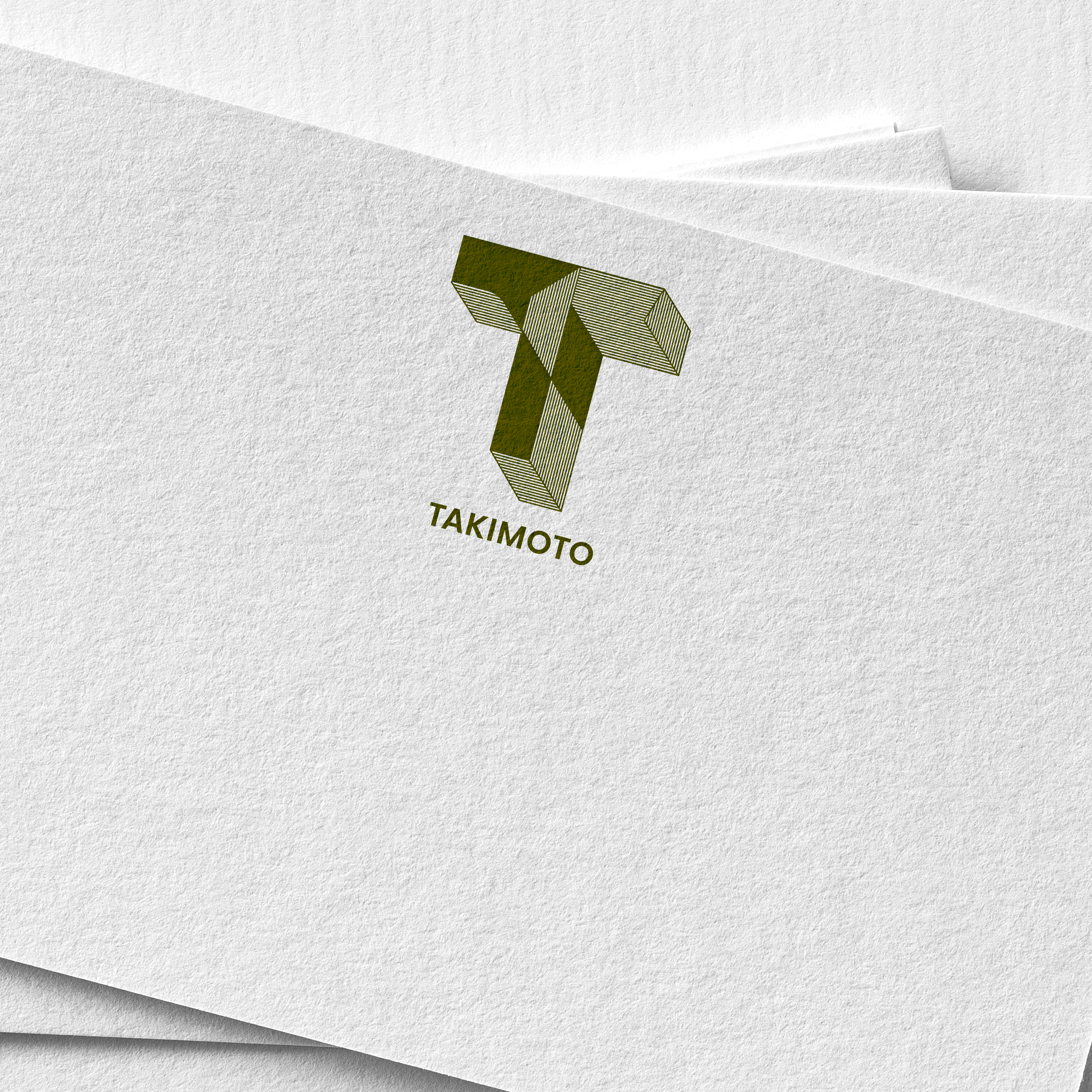 A logo featuring a 3D geometric letter T with lines creating a layered look, accompanied by the word 'TAKIMOTO' in green text beneath it, on textured white paper.