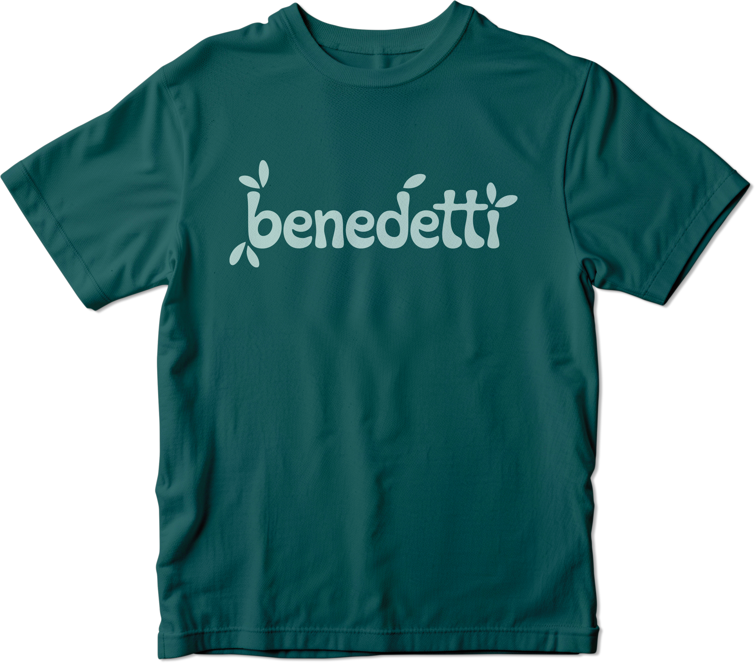 Teal athletic shirt with white Benetti logo featuring stylized leaves.