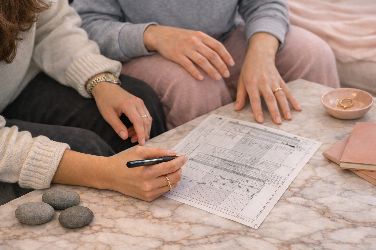 Three women sitting at a marble table reviewing a printed document, with one woman holding a pen, and decorative stones and jewelry on the table.