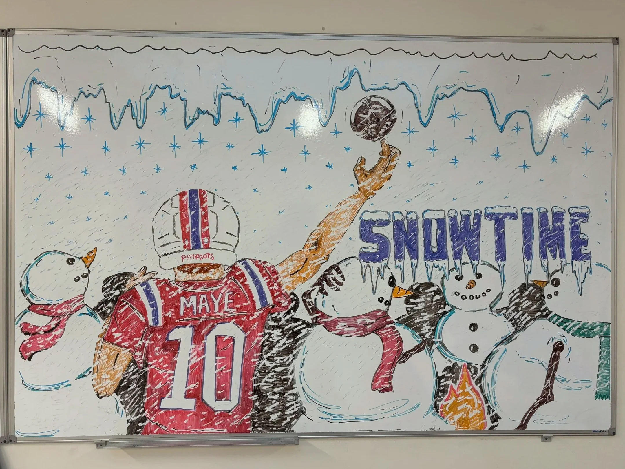 "Snowtime" Drake Maye Patriots Whiteboard Mural (Dec. 2025) Central Massachusetts Collaborative Vocational Services - Worcester, Massachusetts