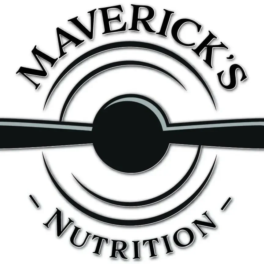 Logo with the text 'Maverick's Nutrition' surrounding a stylized bullet or missile design.