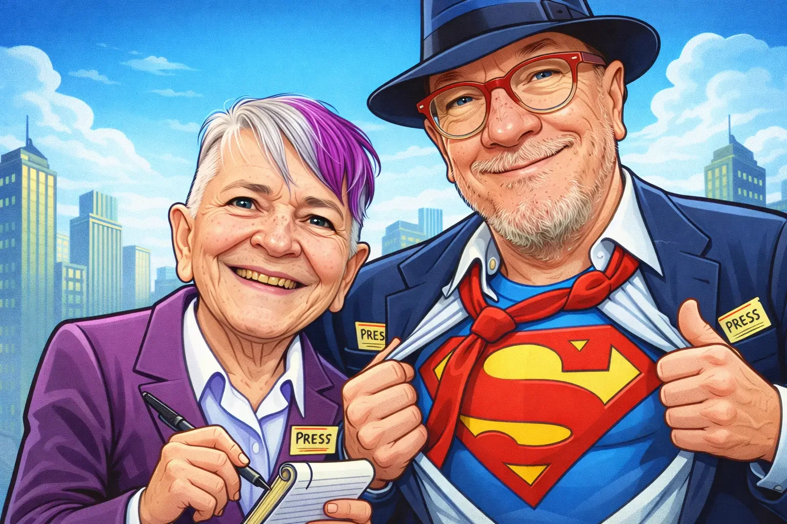 Cartoon illustration of a woman with short gray hair and purple streaks, wearing a purple blazer, smiling and holding a notepad and pen. She has 'Press' badges on her blazer. Beside her is a man with glasses, a beard, a blue hat, and a Superman costume partially visible as he pulls open his shirt, revealing the Superman logo, also wearing a 'Press' badge. Both are in front of a cityscape with tall buildings and a blue sky with clouds.