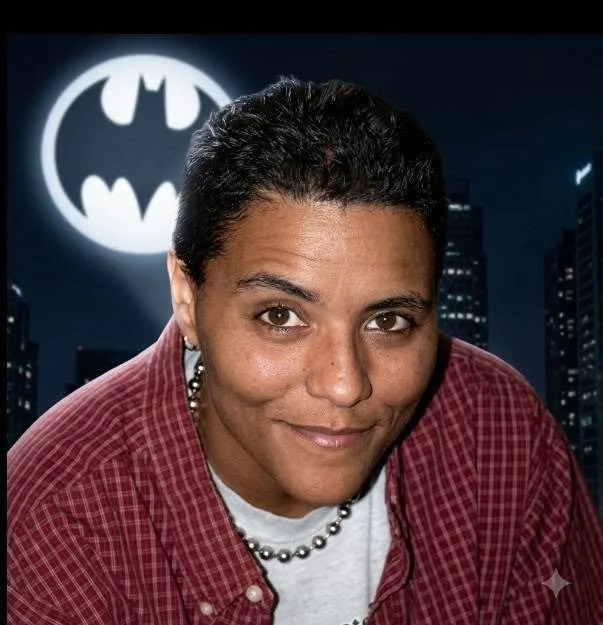 A person with short dark hair wearing a red plaid shirt and a pearl necklace, smiling at the camera. The background features the Batman logo illuminated in the night sky with city buildings.