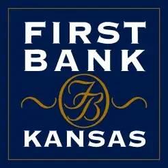 First Bank Kansas logo with blue background and gold accents.