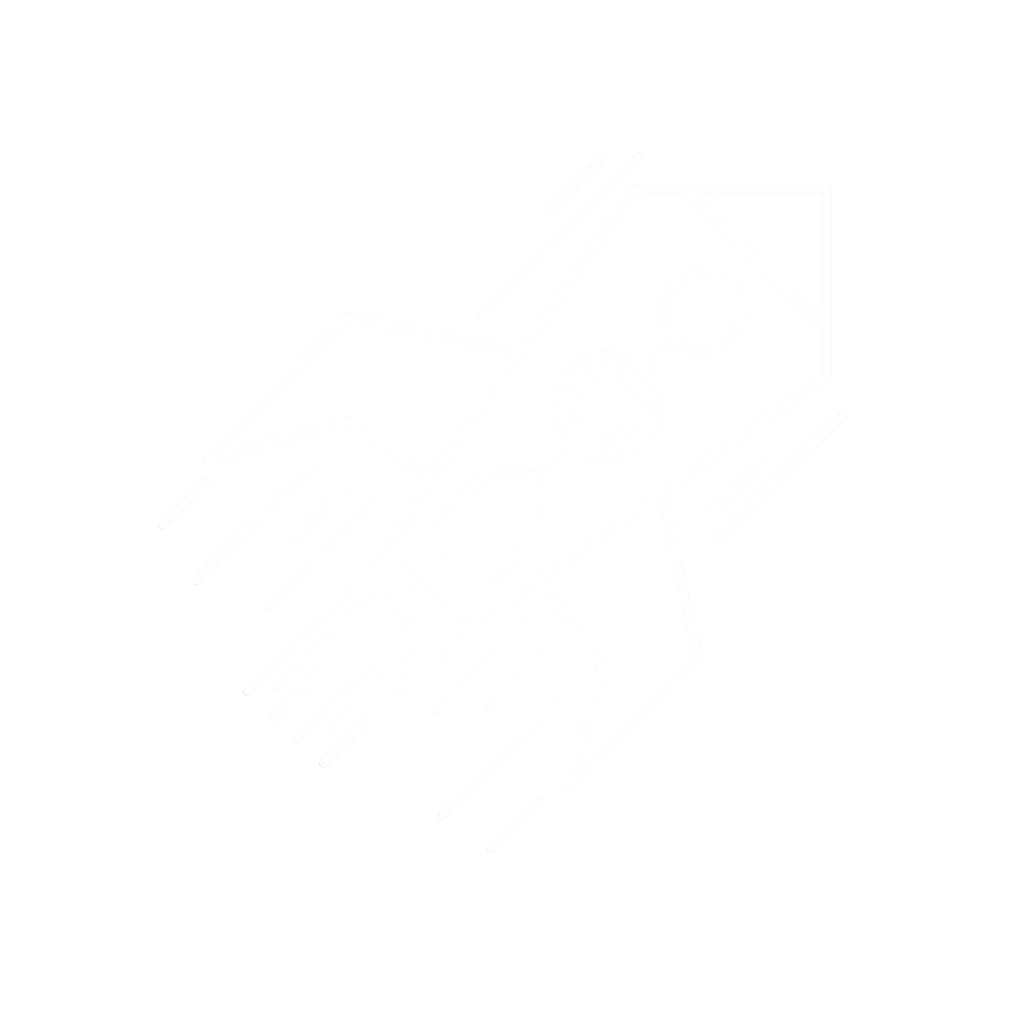 a white rocket ship outline is shown on the light blue background that represents "efficient systems for consistent quick and quality turns"