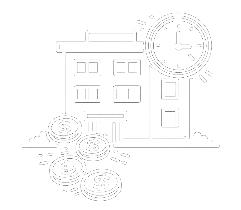 an image is shown of a building with a clock up top and coins leaking out of the bottom, signifying the importance of hiring a rental property maintenance manager