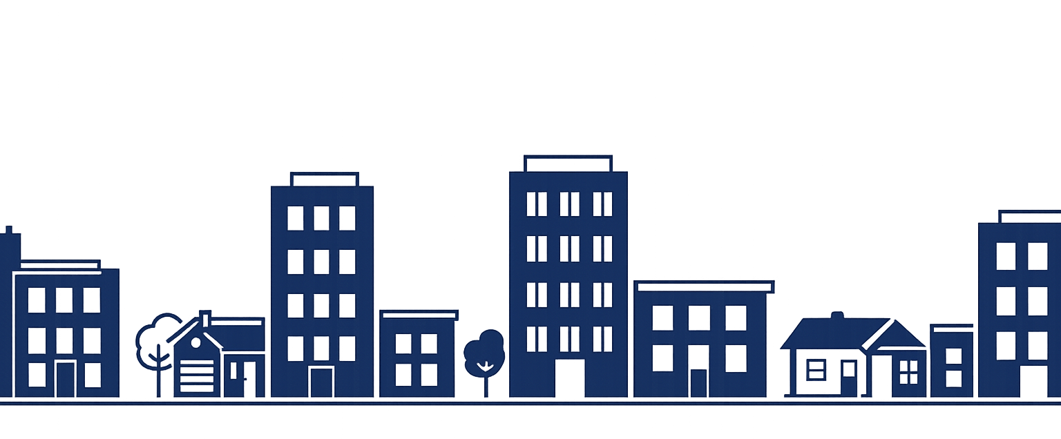a cartoon-ish image is shown with houses, apartments, and offices of all varying heights is shown. There are trees as well, and everything is in the same deep blue as the logo