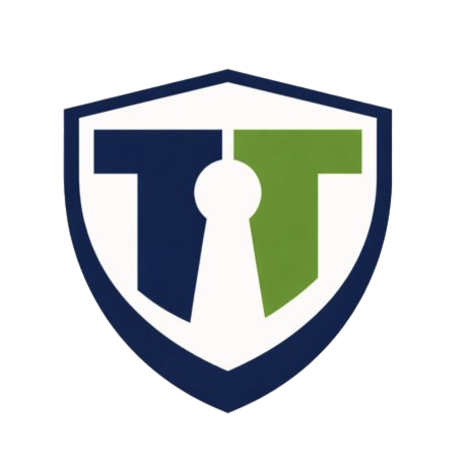 a logo is shown in the shape of a shield.  It shows a two capital Ts with a keyhole symbol in between them, representing "TurnKey Turns"