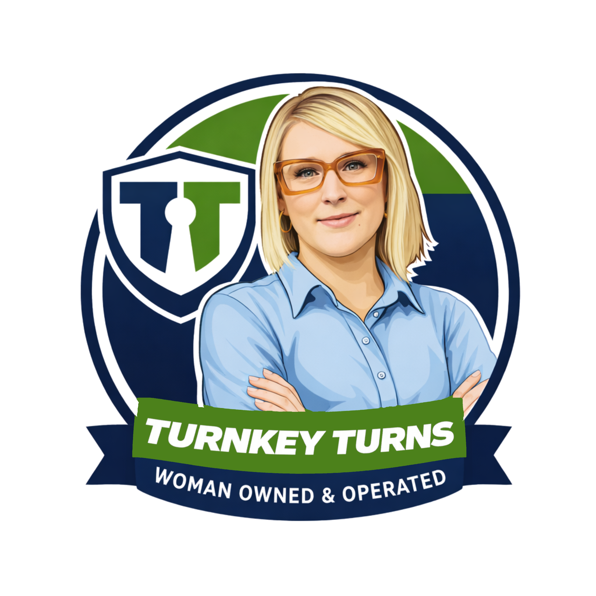 a circular image is shown featuring a blonde well dressed blue collar girl with her arms crossed, with text reading "TurnKey Turns - Women Owned & Operated".  It is stylized in deep blue and green, and also features a logo to her left shoulder