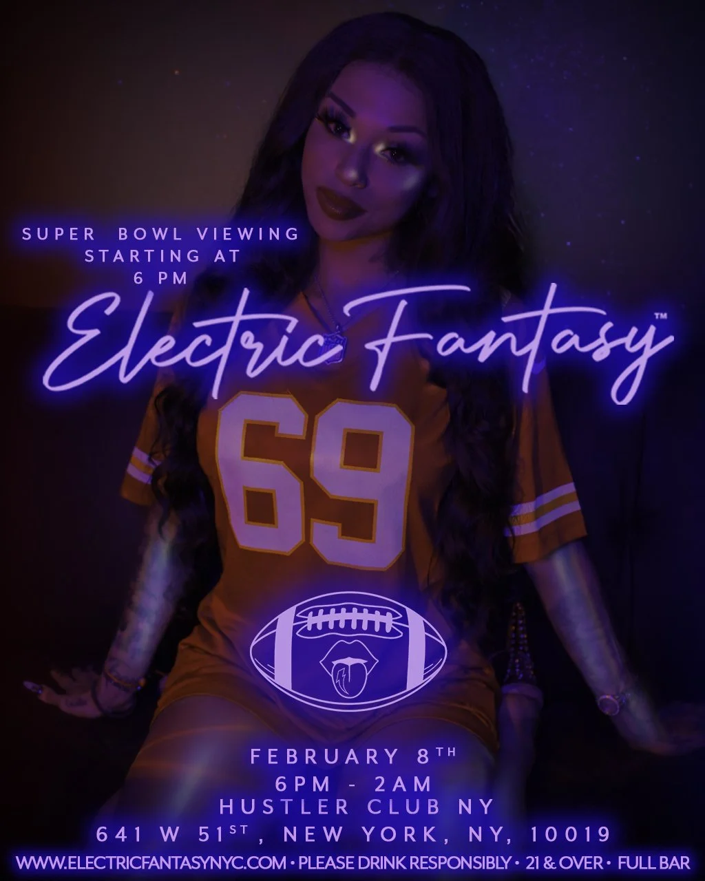 Promotional poster for 'Electric Fantasy' Super Bowl viewing party featuring an image of a woman in a sports jersey with neon text and graphics, including game details.