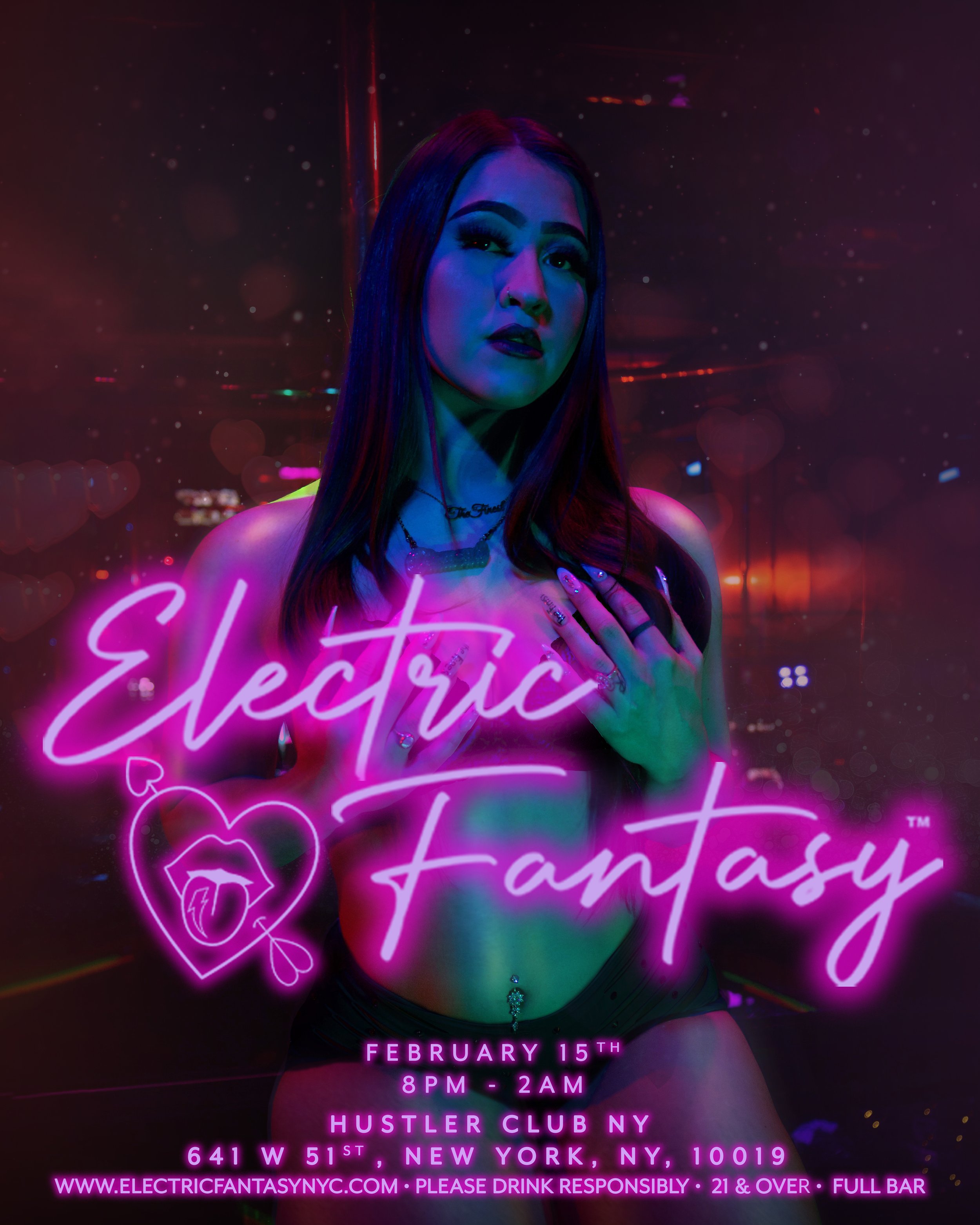 A woman with long dark hair illuminated by pink, blue, and purple neon lights, holding her hand to her chest, with a cityscape background at night.