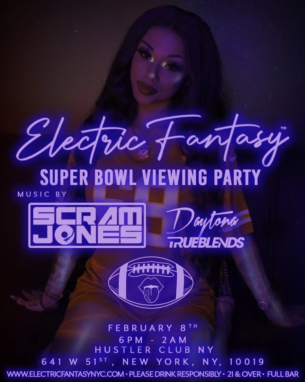 Flyer for Electric Fantasy Super Bowl Viewing Party featuring a woman in a sports jersey, with neon-style text and logos, including the date, time, and location details.