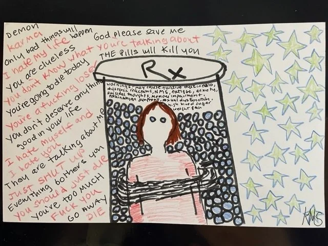 “The Power of Pills” (2023) color pencil, pen, and marker 5" x 8",  Original Artwork by Kristin Schultz © 