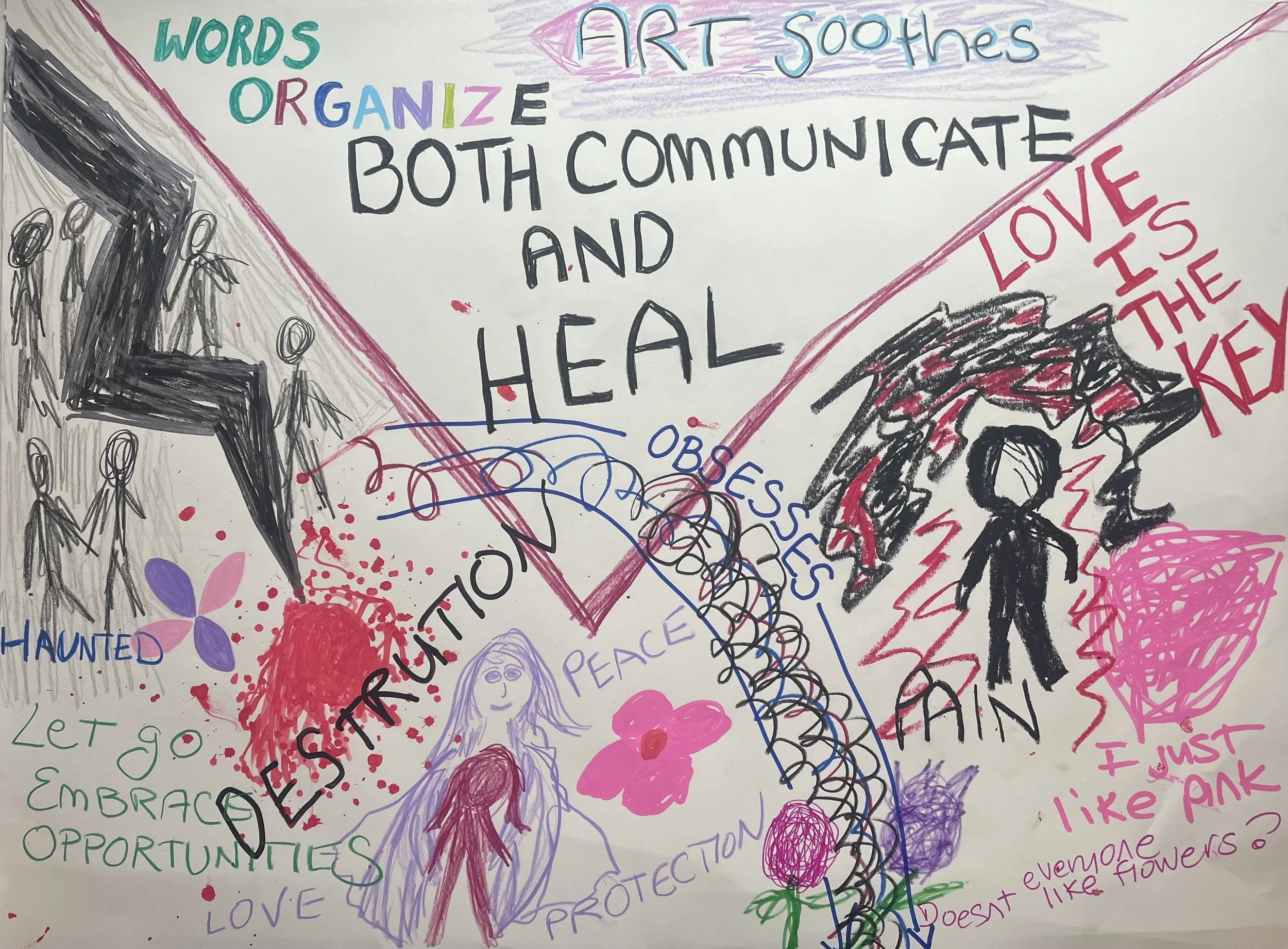 "Words and Art" (2026)  Oil Pastel, Marker, Paint Pen, Colored Pencil 18" x 24" Original Artwork by Kristin Schultz©