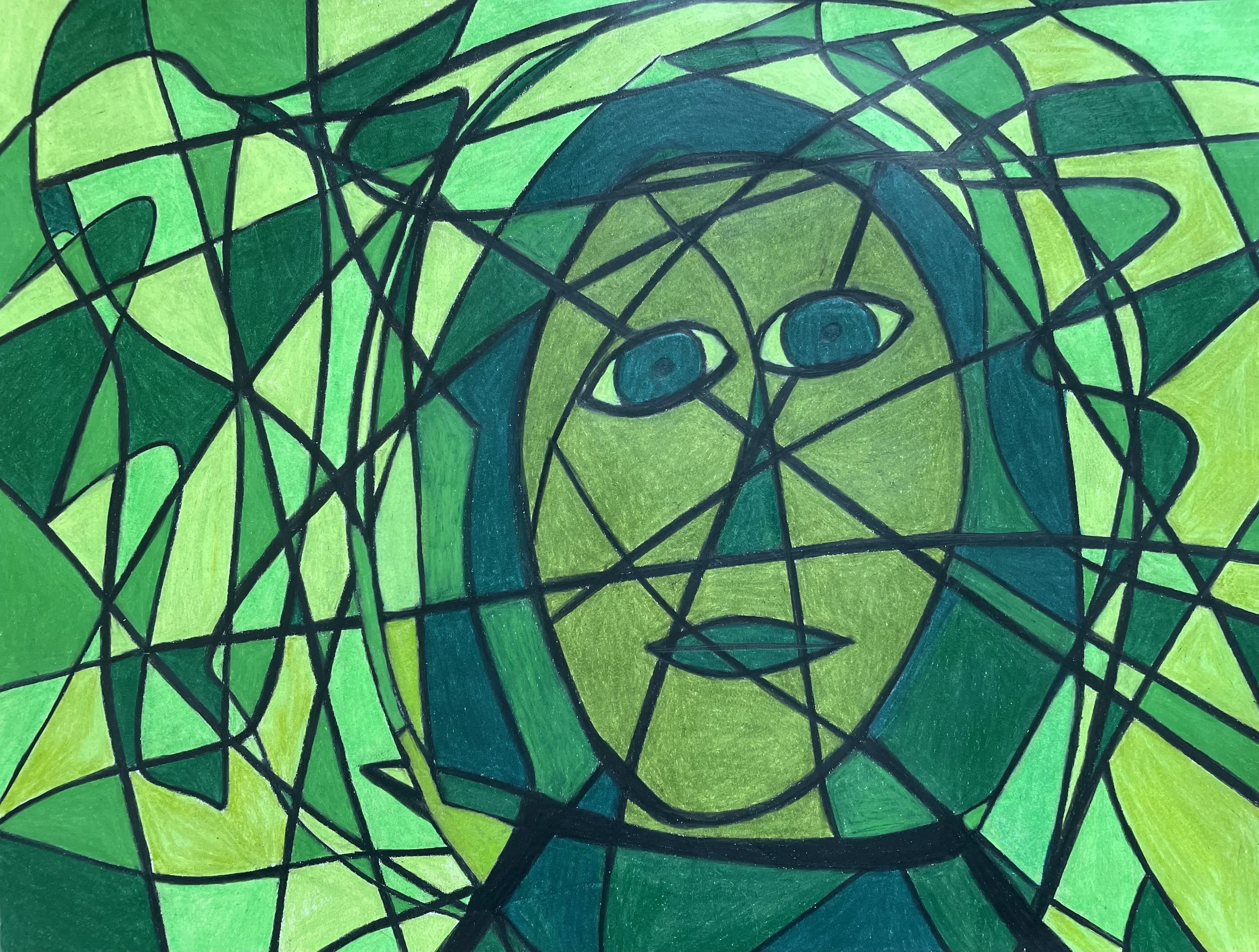 "Woman Attempting to Blend In at the Expense of her Own Beauty" (2026) Original Artwork by McAllister© Oil-based colored pencil on paper, 11" X 14" 