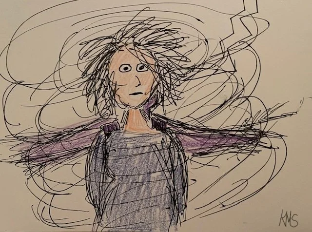 "Frantic Angel" Original Artwork by Kristin Schultz January 2024 © Medium: pen and crayon on paper, Size: 4" x 6"