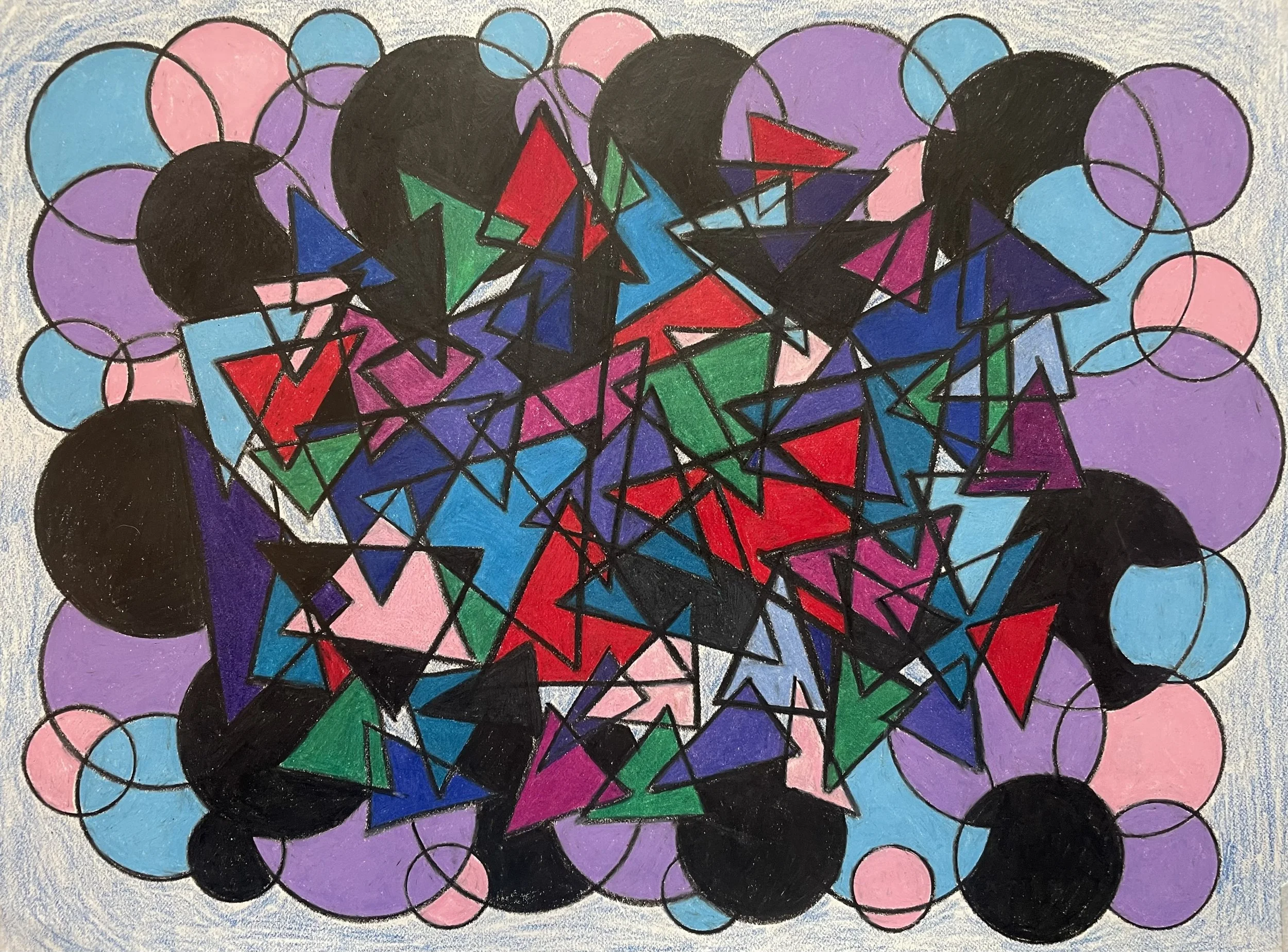 "Circles and Shards" (2026). Original Artwork by McAllister© Colored pencil on paper, 9" x 12” 