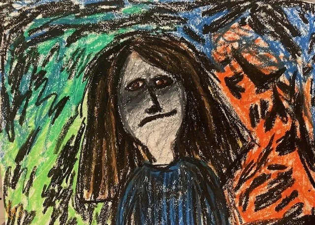 "Distraught" Original Artwork by Kristin Schultz 2025 © Medium: Oil Pastel and Crayon. Size: 9" x 11"