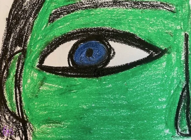 "Close up Green face" (2024) oil pastel, 5" x 7", Original Artwork by Kristin Schultz© 