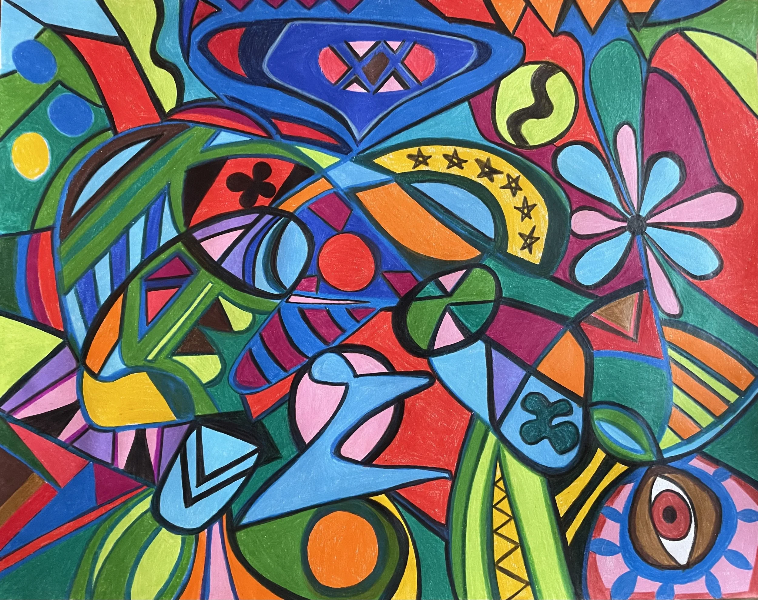 "Adapting" Original Artwork by Kristin Schultz 2025 © Medium: Oil-based colored pencils on paper Size: 11" X 14"  in a stained black wood custom frame 21" x 25"