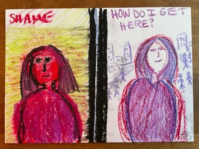 "Transformation of Shame" Original Artwork by Kristin Schultz 2023 © Medium: Oil Pastels and Crayon, Size: 4" x 6"