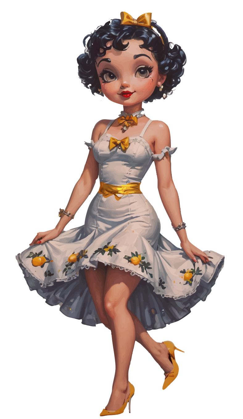 Cartoon woman with curly black hair wearing a vintage-style dress with lemon patterns, yellow heels, and matching yellow accessories.