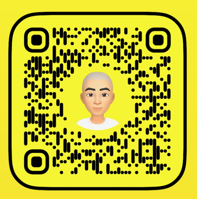 Yellow Snapchat QR code with a cartoon avatar of a bald person with light skin, thick eyebrows, and a white shirt in the center.