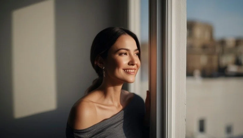 Woman smiling by a sunny window at home, relaxed and comfortable