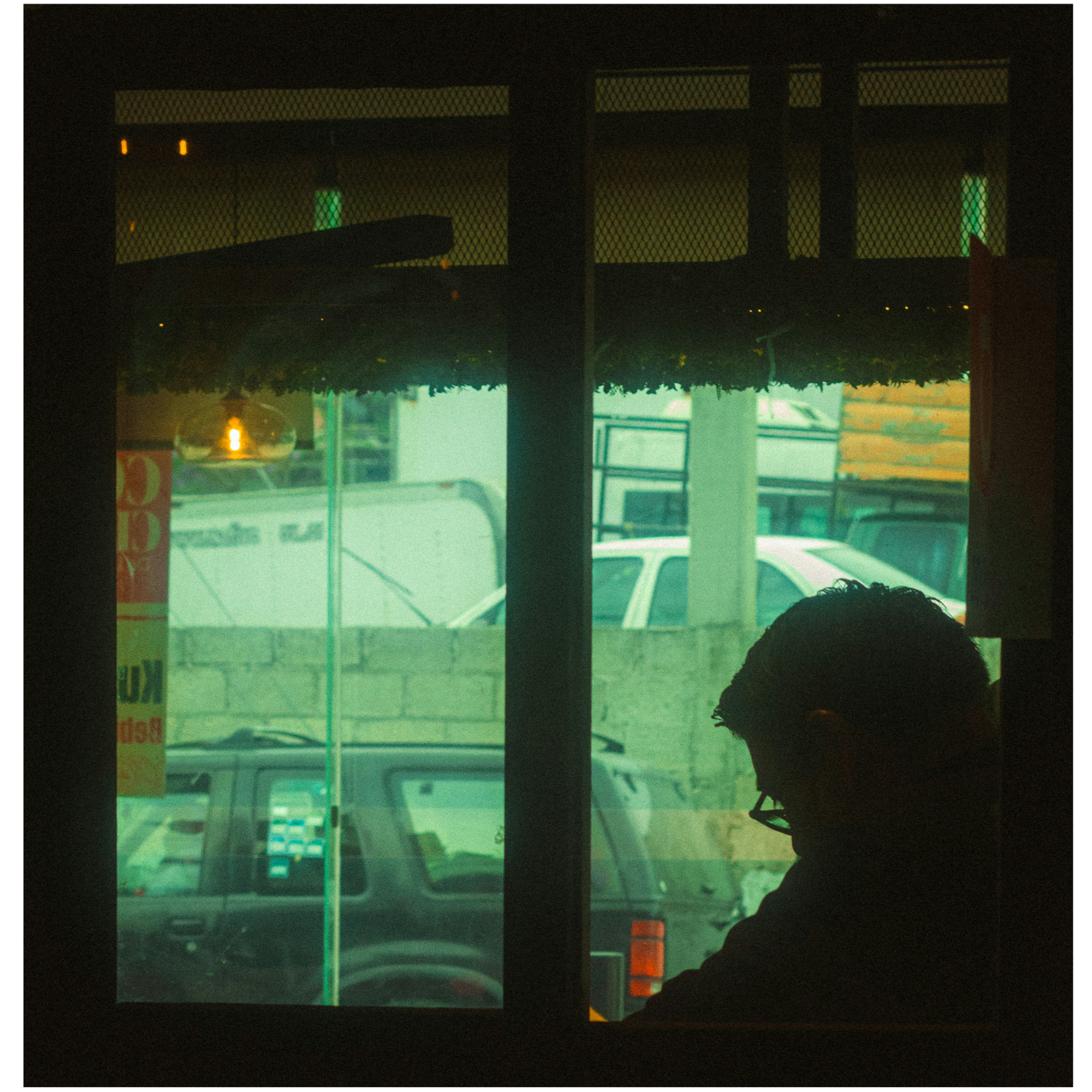 Silhouette of a person with glasses inside a room, viewed through a window with a grid pattern. Outside the window, parked vehicles and a brick wall are visible, with a faint silhouette of a tree and a streetlight illuminated in the distance.