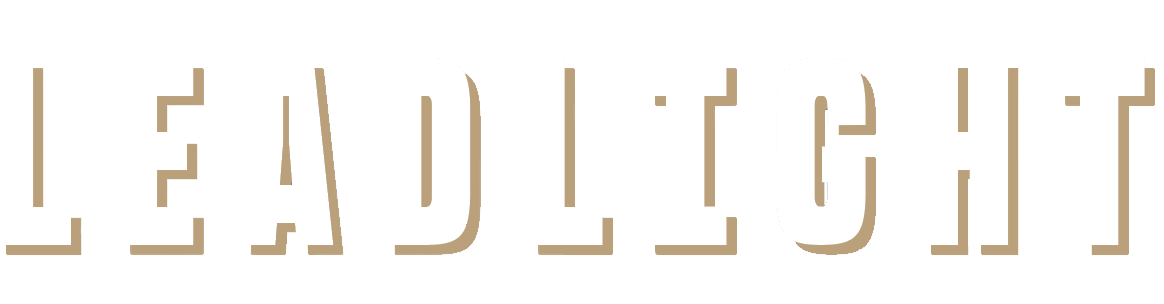 The word 'LEADLIGHT' displayed in large, bold, white 3D letters with shadow effects on a dark background.