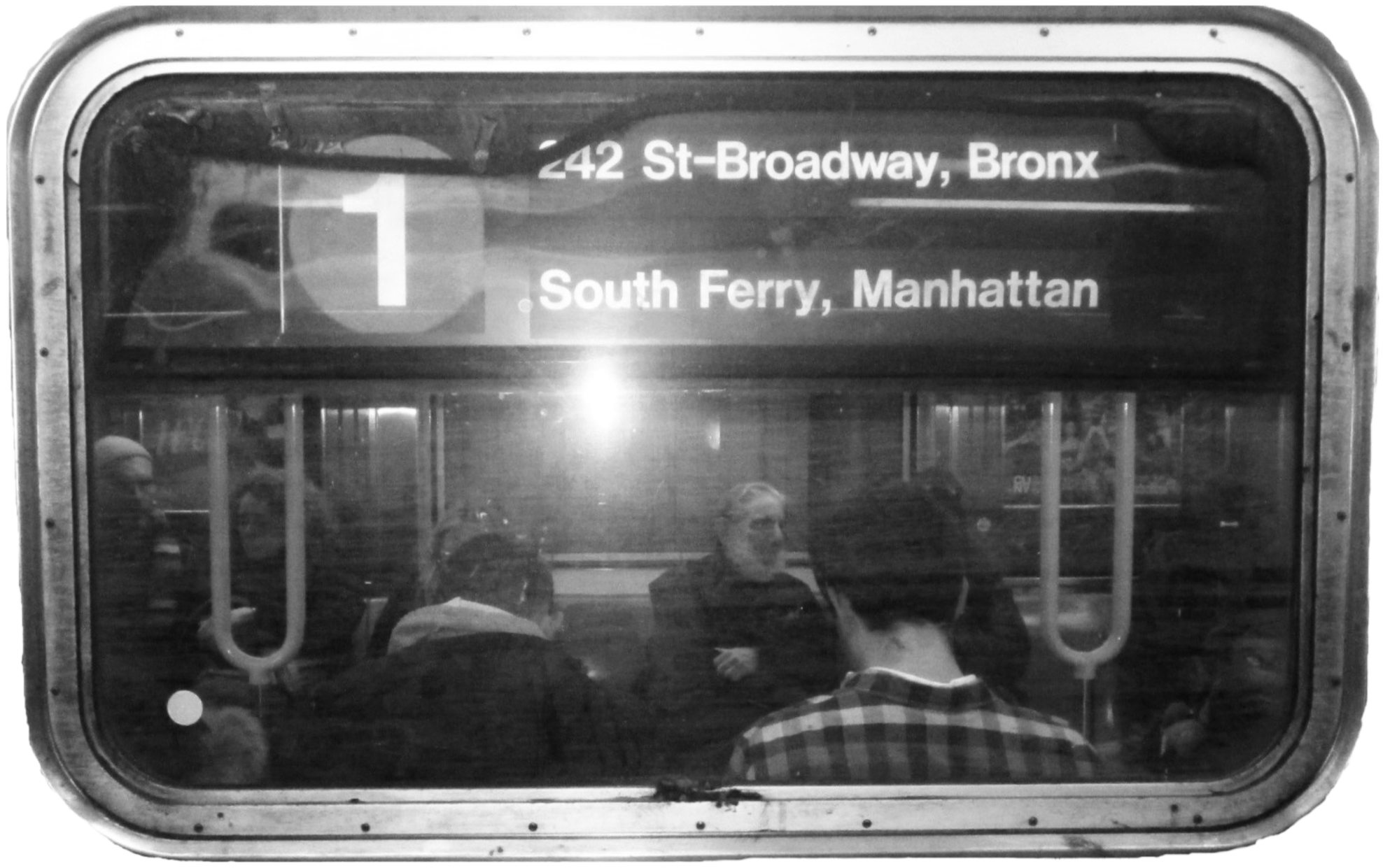 Bus stop sign with route number 1, showing bus destinations at 242 St-Broadway, Bronx and South Ferry, Manhattan, viewed through a window with people inside.