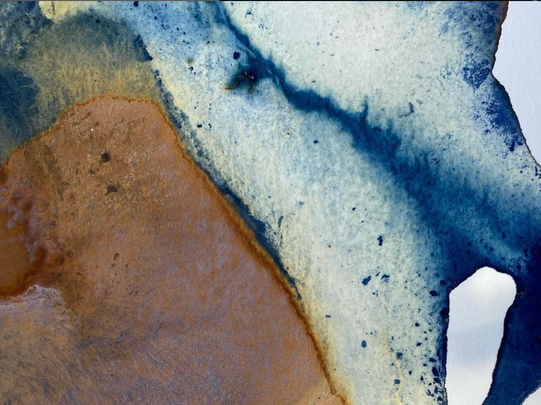 Close-up of a textured surface with blue, beige, and rust-colored paint and a small insect.